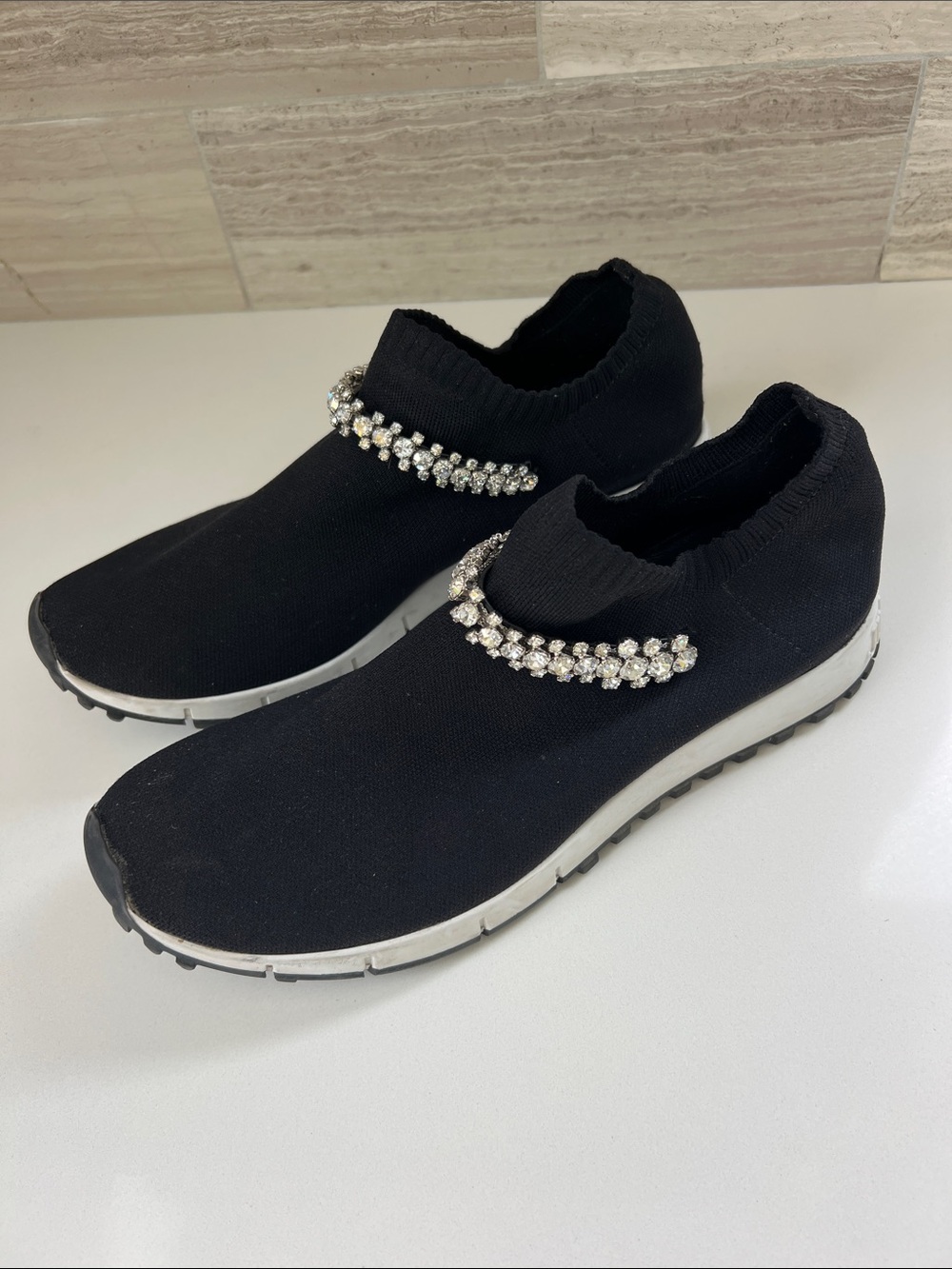 Jimmy Choo verona crystal embellished black knit slip on trainers sneakers 8